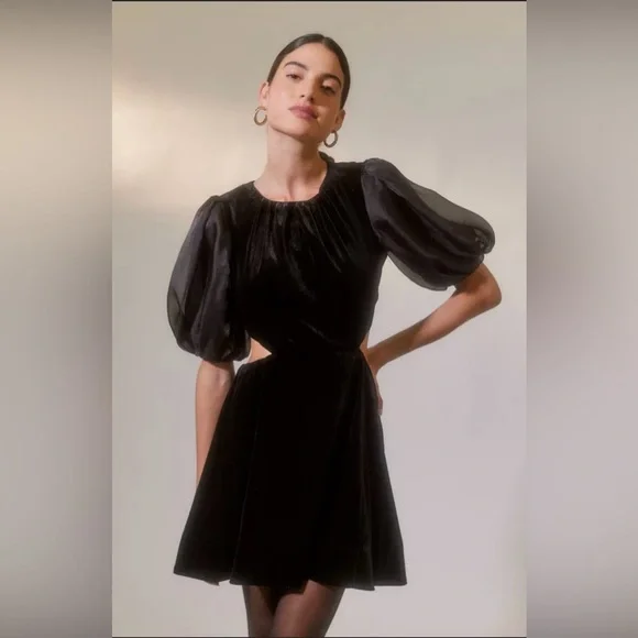 NWT Bardot Black Malina Velour Mini Dress with Cutouts and Puff Sleeves Size 12 - Picture 1 of 15